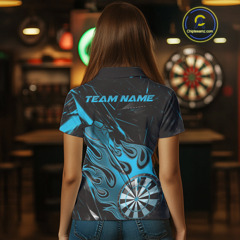 Custom Black And Blue Flame Dartboard Dart Polo Shirts For Women, Dart Players Outfits IPHW9689