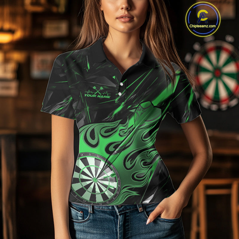 Custom Black And Green Flame Dartboard Dart Polo Shirts For Women, Dart Players Outfits IPHW9690