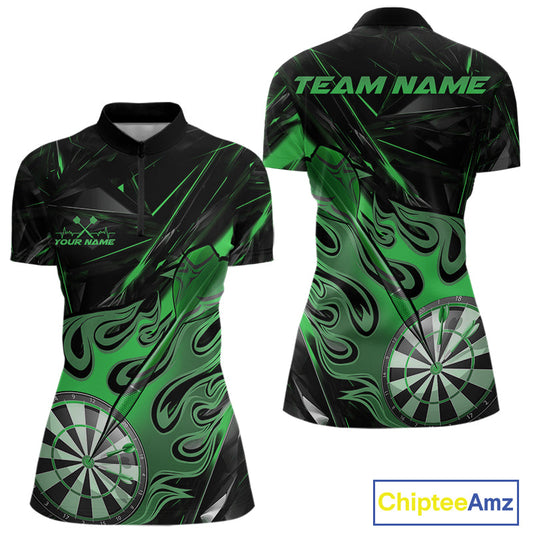 Custom Black And Green Flame Dartboard Dart Women Quarter-Zip Shirt, Dart Players Outfits IPHW9690