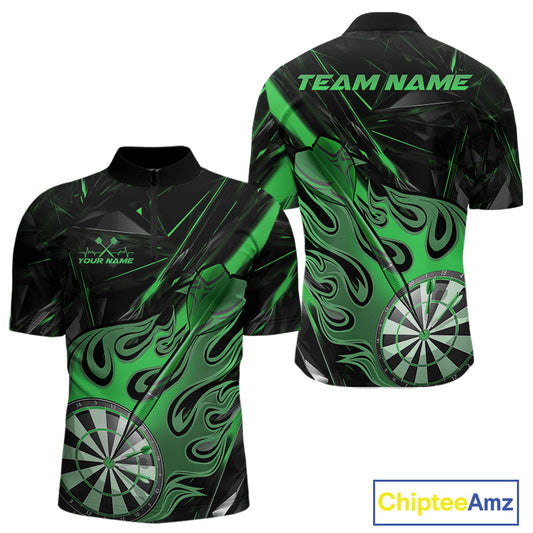 Custom Black And Green Flame Dartboard Dart Quarter-Zip Shirts For Men, Dart Players Outfits IPHW9690