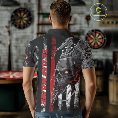 Custom Red Line American Flag Patriotic Skull Dart Men Polo Shirts, Halloween Dart Outfit IPHW9691