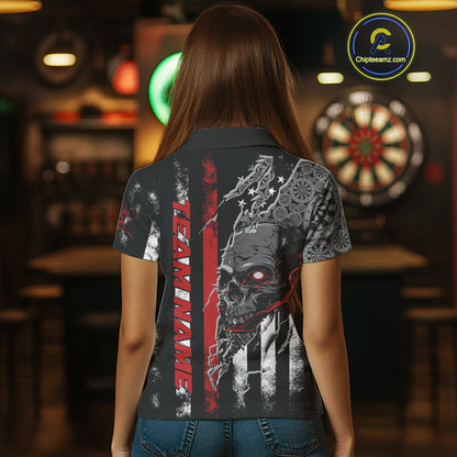 Custom Red Line American Flag Patriotic Skull Dart Women Polo Shirt, Halloween Outfit IPHW9691