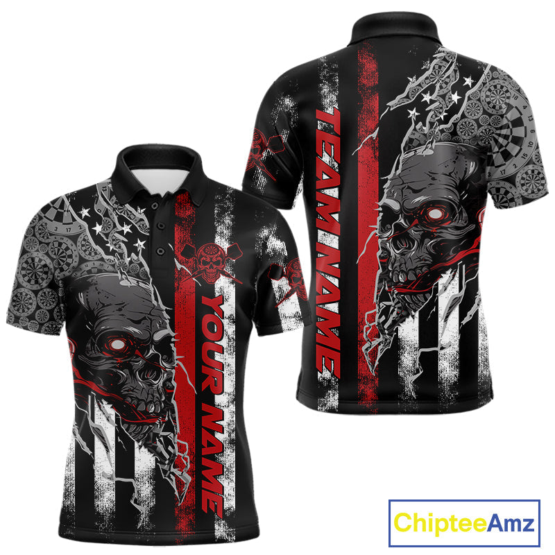 Custom Red Line American Flag Patriotic Skull Dart Men Polo Shirts, Halloween Dart Outfit IPHW9691