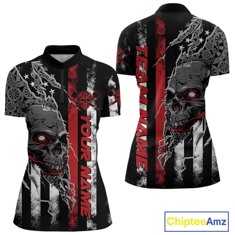 Custom Red Line US Flag Patriotic Skull Dart Women Quarter-Zip Shirts, Halloween Outfit IPHW9691