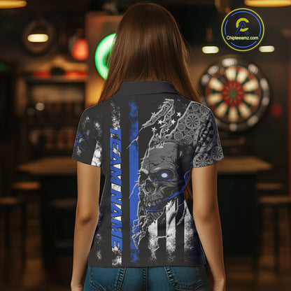 Custom Blue Line American Flag Patriotic Skull Dart Women Polo Shirt, Halloween Outfit IPHW9692