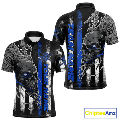 Custom Blue Line American Flag Patriotic Skull Dart Men Polo Shirts, Halloween Dart Outfit IPHW9692