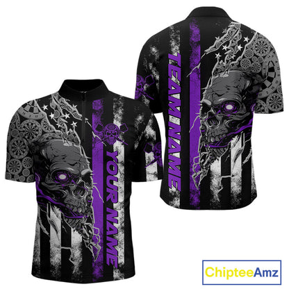 Custom Purple Line American Flag Patriotic Skull Dart Men Quarter-Zip Shirt, Halloween Outfit IPHW9693