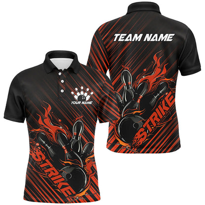 Custom Black And Orange Flame Bowling Shirts For Men, Strike Bowling Team Shirts Outfit Bowling IPHW7424