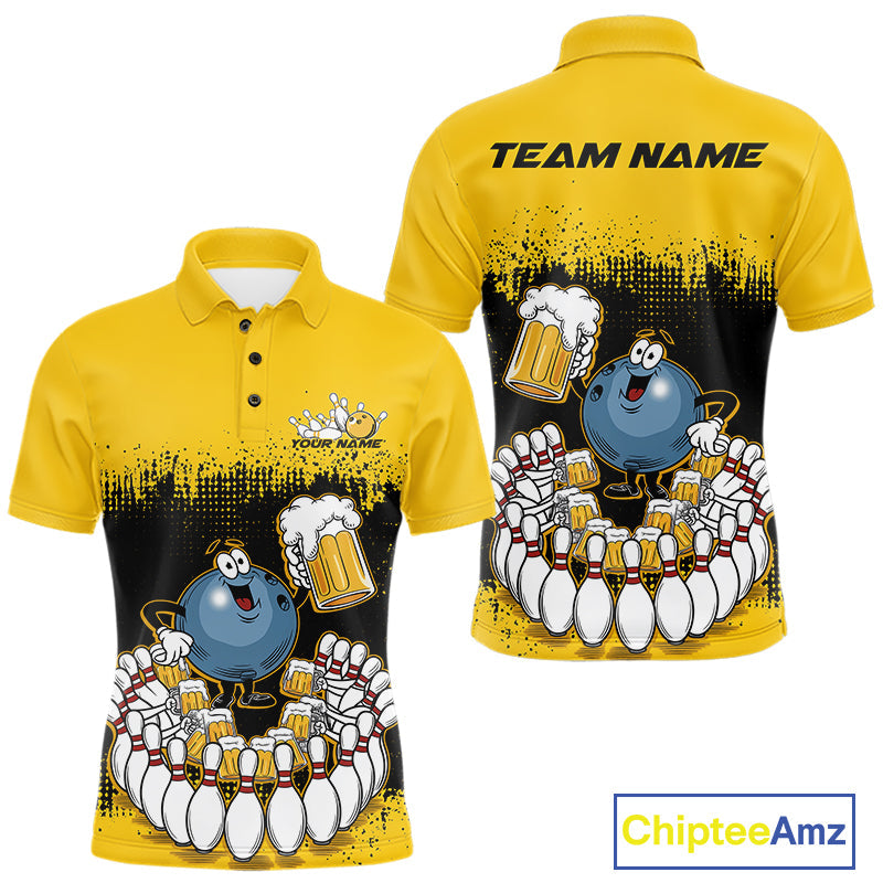 Custom Black And Yellow Funny Bowling Ball Drinking Beer Party Bowling Polo Shirts For Men IPHW9826