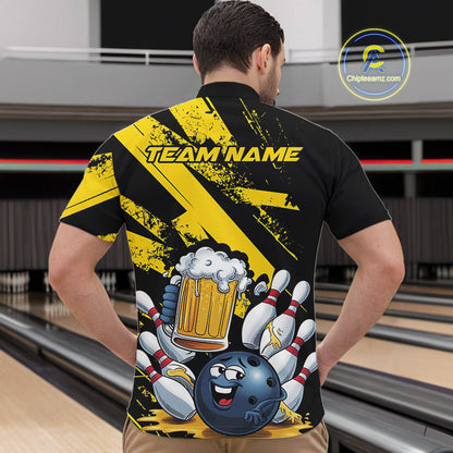 Custom Grunge Yellow Funny Bowling And Beer Quarter-Zip Shirts For Men, Bowling Team Outfit IPHW9831