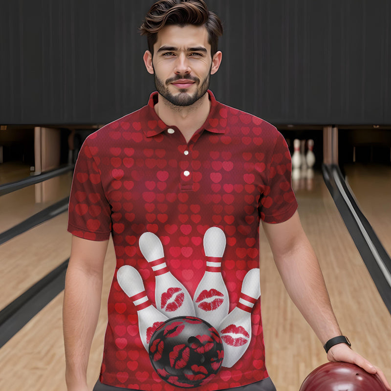 Bowling Kisses Red Heart Theme Custom Valentines Day Bowling Polo Shirts For Men IPHW8366
