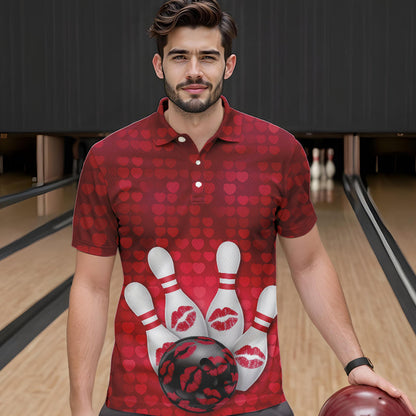 Bowling Kisses Red Heart Theme Custom Valentines Day Bowling Polo Shirts For Men IPHW8366