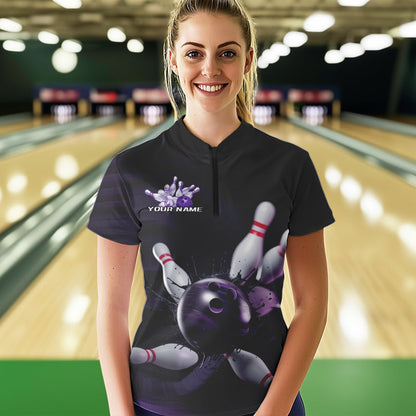 Custom Black And Purple Bowling Jerseys, Bowling League Womens Quarter-Zip Team Shirts IPHW8561