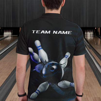 Custom Black And Blue Bowling Jerseys, Bowling League Polo Shirts For Men Team Uniform IPHW8562