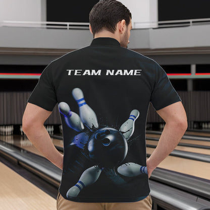 Custom Black And Blue Bowling Jerseys, Bowling League Quarter-Zip Shirts For Men Team Uniform IPHW8562