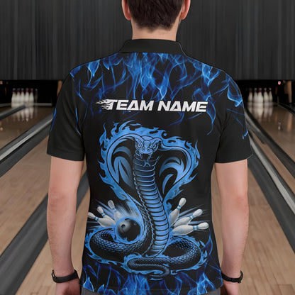Custom Black And Blue Flame Cobra Snake Bowling Polo Shirts For Men, Bowling Team Uniform IPHW8568
