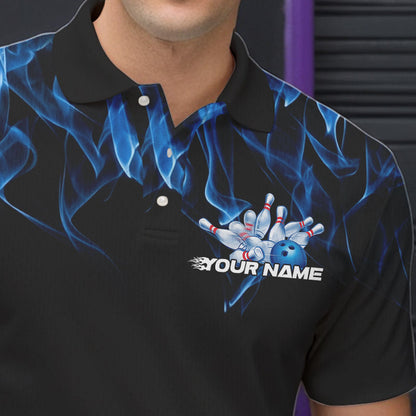 Custom Black And Blue Flame Cobra Snake Bowling Polo Shirts For Men, Bowling Team Uniform IPHW8568