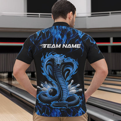 Custom Black And Blue Flame Cobra Snake Bowling Quarter-Zip Shirts For Men, Bowling Team Uniform IPHW8568