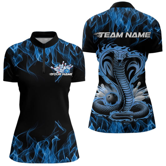Custom Black And Blue Flame Cobra Snake Bowling Womens Quarter-Zip Shirts, Team Uniform IPHW8568