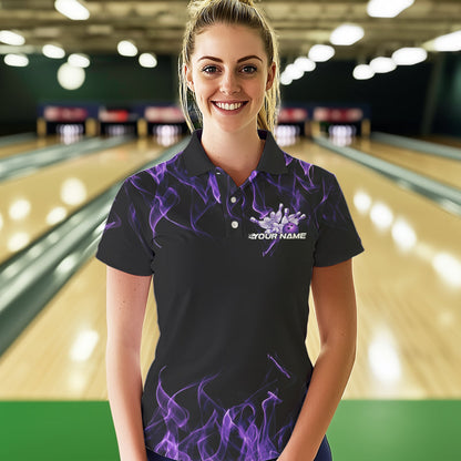 Custom Black And Purple Flame Cobra Snake Bowling Womens Polo Shirts , Bowling Team Uniform IPHW8569
