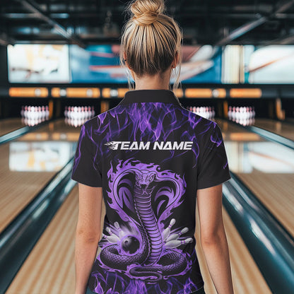 Custom Black And Purple Flame Cobra Snake Bowling Womens Polo Shirts , Bowling Team Uniform IPHW8569