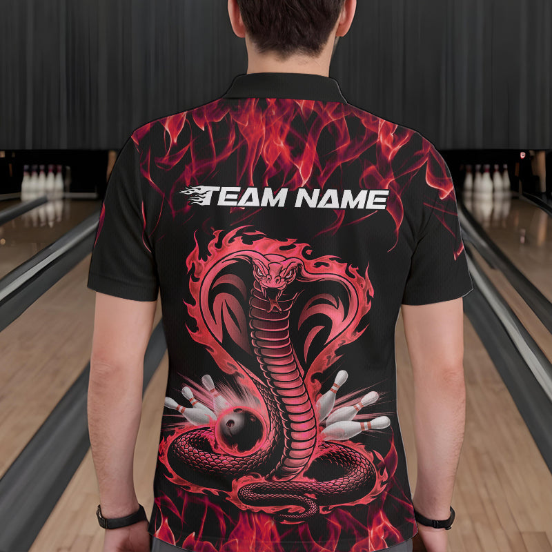 Custom Black And Red Flame Cobra Snake Bowling Polo Shirts For Men, Bowling Team Uniform IPHW8570