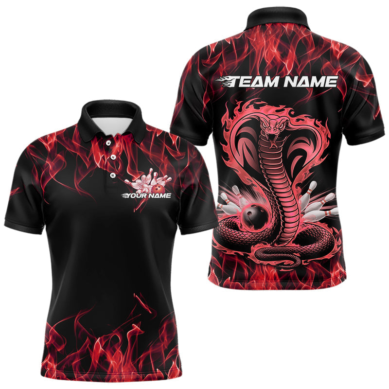 Custom Black And Red Flame Cobra Snake Bowling Polo Shirts For Men, Bowling Team Uniform IPHW8570