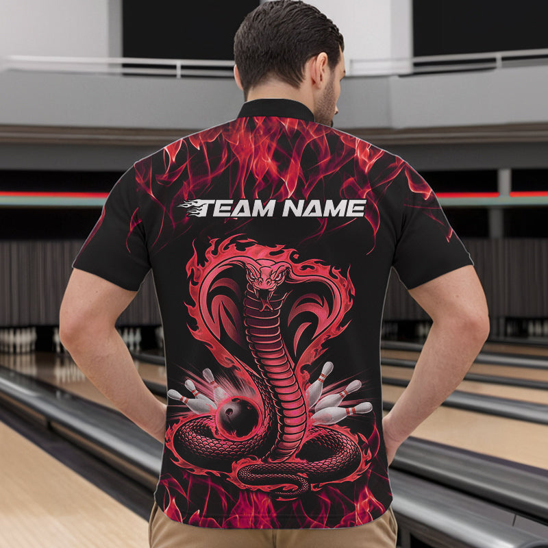 Custom Black And Red Flame Cobra Snake Bowling Quarter-Zip Shirts For Men, Bowling Team Uniform IPHW8570