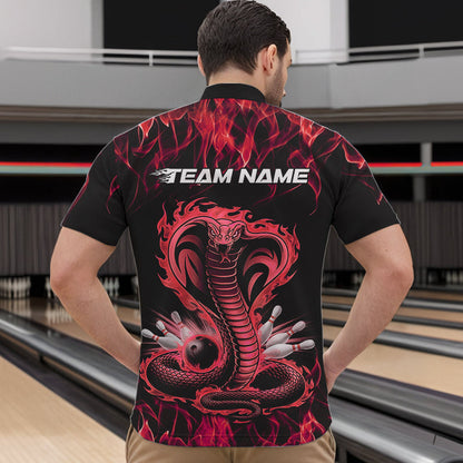Custom Black And Red Flame Cobra Snake Bowling Quarter-Zip Shirts For Men, Bowling Team Uniform IPHW8570