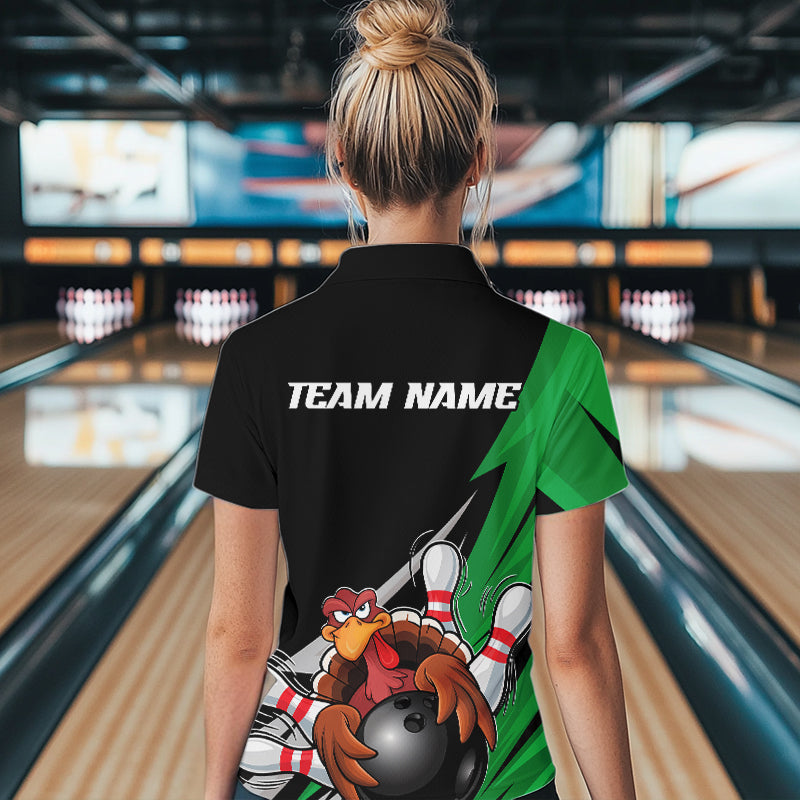 Black And Green Custom Funny Turkey Thanksgiving Bowling Team Quarter-Zip Shirts For Women IPHW8876