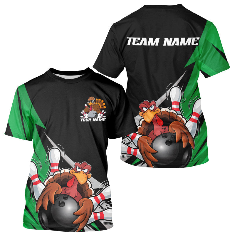 Black And Green Custom Funny Turkey Thanksgiving Bowling Team T-Shirts For Men IPHW8876