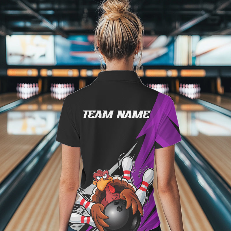 Black And Purple Custom Funny Turkey Thanksgiving Bowling Team Polo Shirts For Women IPHW8877