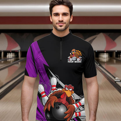Black And Purple Custom Funny Turkey Thanksgiving Bowling Team Quarter-Zip Shirts For Men IPHW8877