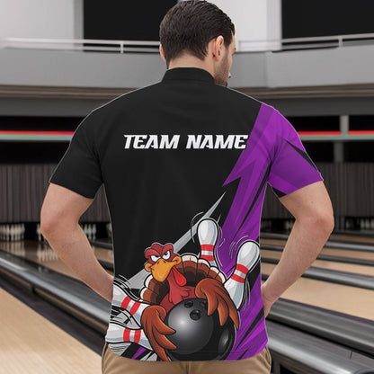 Black And Purple Custom Funny Turkey Thanksgiving Bowling Team Quarter-Zip Shirts For Men IPHW8877