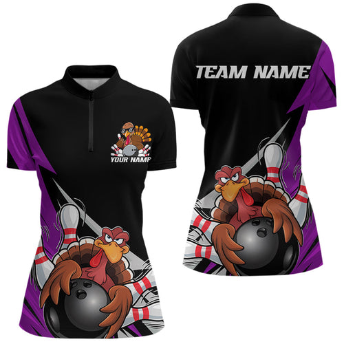 Black And Purple Custom Funny Turkey Thanksgiving Bowling Team Quarter-Zip Shirts For Women IPHW8877