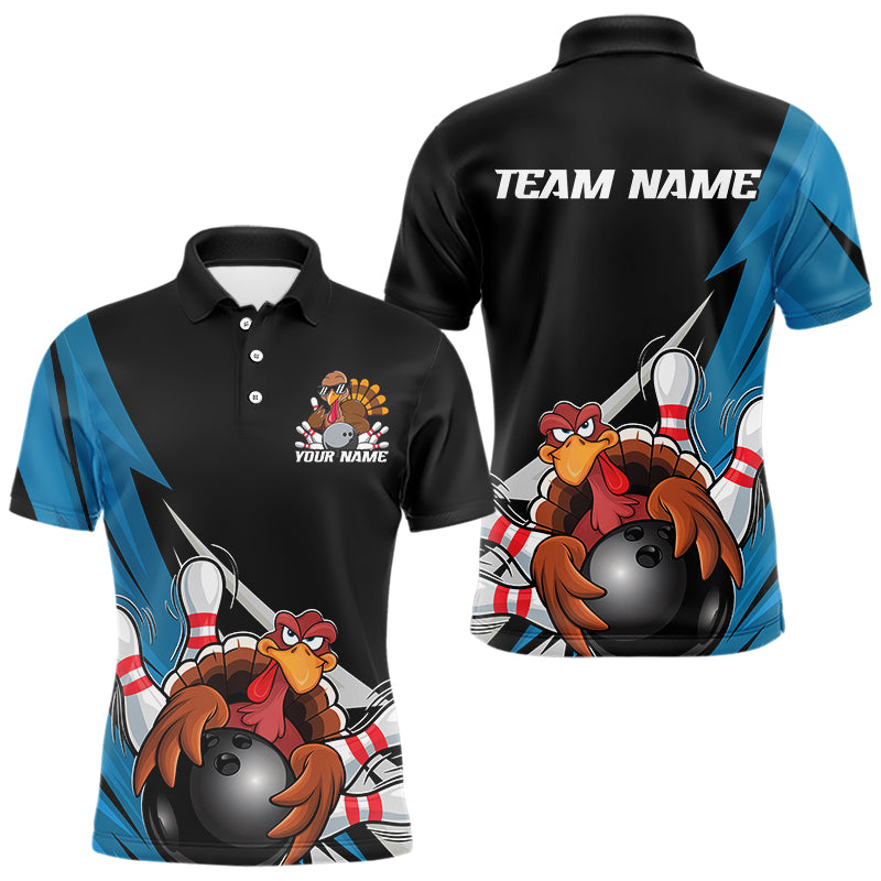 Black And Blue Custom Funny Turkey Thanksgiving Bowling Team Polo Shirts For Men IPHW8878