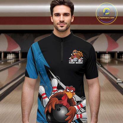 Black And Blue Custom Funny Turkey Thanksgiving Bowling Team Quarter-Zip Shirts For Men IPHW8878