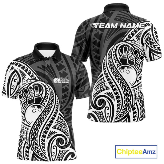 Custom Black And White Maori Style Koru Spiral Tribal Men Bowling Polo Team Shirt IPHW10949