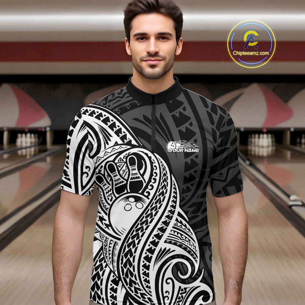 Custom Black And White Maori Style Koru Spiral Tribal Men Bowling Quarter-Zip Team Shirt IPHW10949