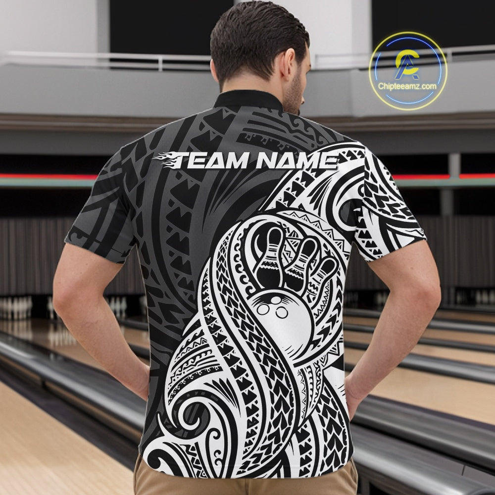 Custom Black And White Maori Style Koru Spiral Tribal Men Bowling Quarter-Zip Team Shirt IPHW10949