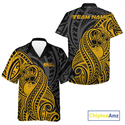 Custom Black And Yellow Maori Style Koru Spiral Tribal Men And Women Bowling Hawaiian Team Shirt IPHW10953
