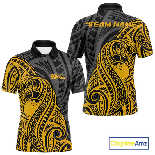 Custom Black And Yellow Maori Style Koru Spiral Tribal Men Bowling Polo Team Shirt IPHW10953