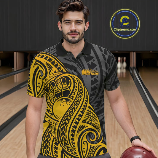 Custom Black And Yellow Maori Style Koru Spiral Tribal Men Bowling Polo Team Shirt IPHW10953