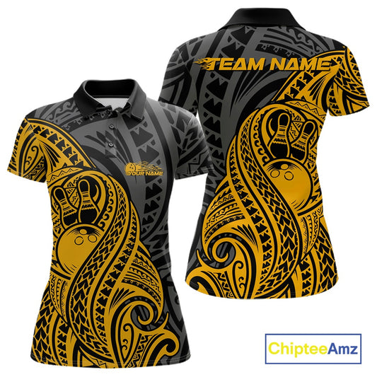 Custom Black And Yellow Maori Style Koru Spiral Tribal Women Bowling Polo Team Shirt IPHW10953