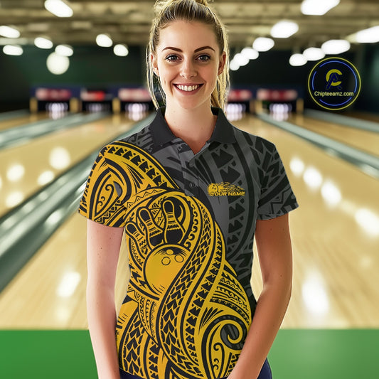 Custom Black And Yellow Maori Style Koru Spiral Tribal Women Bowling Polo Team Shirt IPHW10953