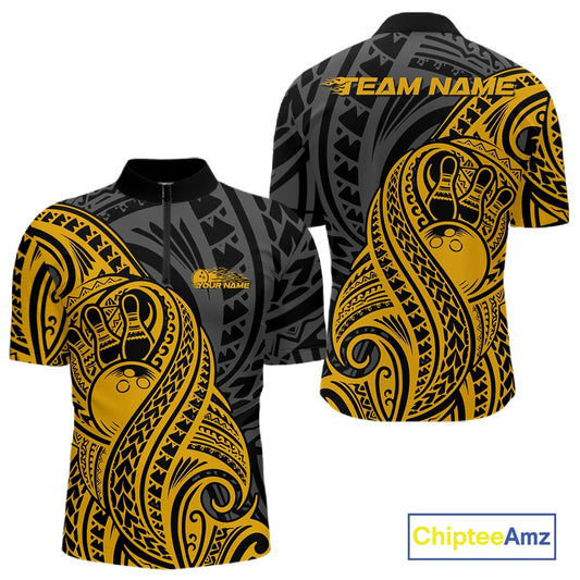 Custom Black And Yellow Maori Style Koru Spiral Tribal Men Bowling Quarter-Zip Team Shirt IPHW10953