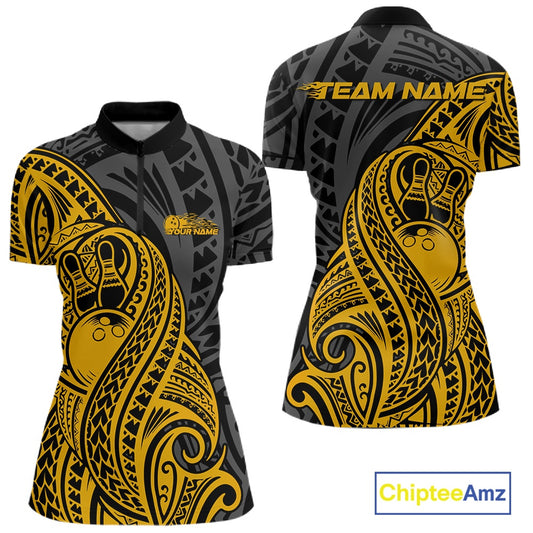 Custom Black And Yellow Maori Style Koru Spiral Tribal Women Bowling Quarter-Zip Shirt IPHW10953