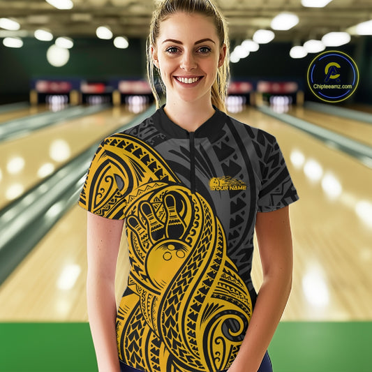 Custom Black And Yellow Maori Style Koru Spiral Tribal Women Bowling Quarter-Zip Shirt IPHW10953
