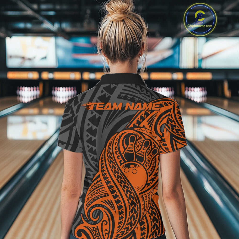 Custom Black And Orange Maori Style Koru Spiral Tribal Women Bowling Quarter-Zip Shirt IPHW10954