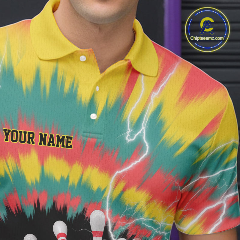 Custom Colorful Tie Dye Bowling Polo Shirts For Men, Rainbow Bowling Outfit IPHW9115